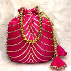 Cottage Kart Pink–Golden Glamour Potli Bag – Handcrafted Designer Accessory for Weddings & Festivals