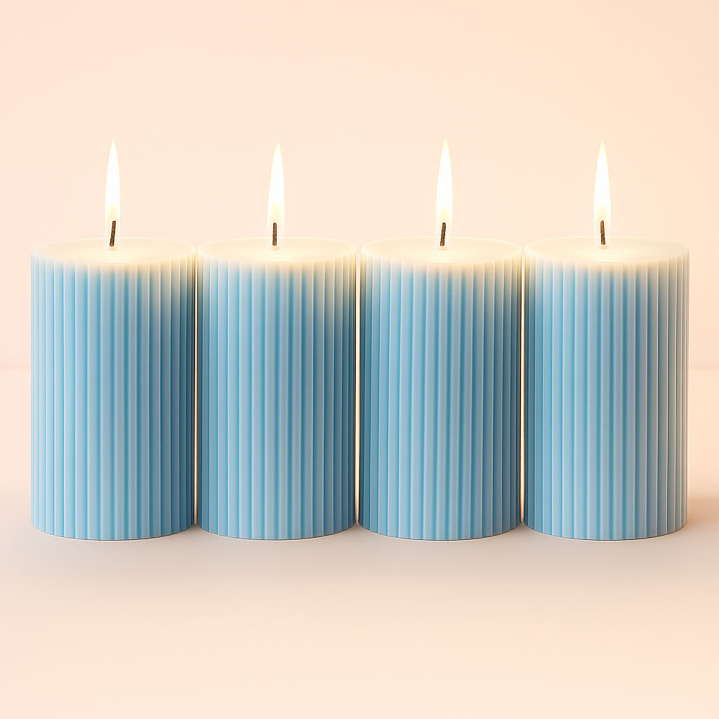Cottage kart||Set of 4 Light Sky Blue Scented Ribbed Pillar Candles | Home Décor & Gifting | Soothing Fragrance