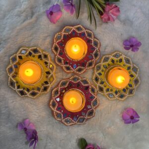 Cottagekart||Tealight Fabric Mat Diyas for Festive Decor – Elegant Candle Holders for Diwali & Home Decoration ||Set Of 4