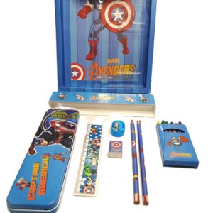 Cottagekart||Marvel Avengers Captain America Stationery Set for Kids – Pencil Box, Crayons, Pencils, Scale, Eraser & Sharpener