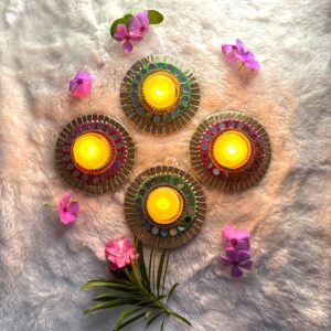 Cottagekart||Tealight Round Diyas Mirror for Festive Decor – Elegant Candle Holders for Diwali & Home Decoration ||Set Of 4