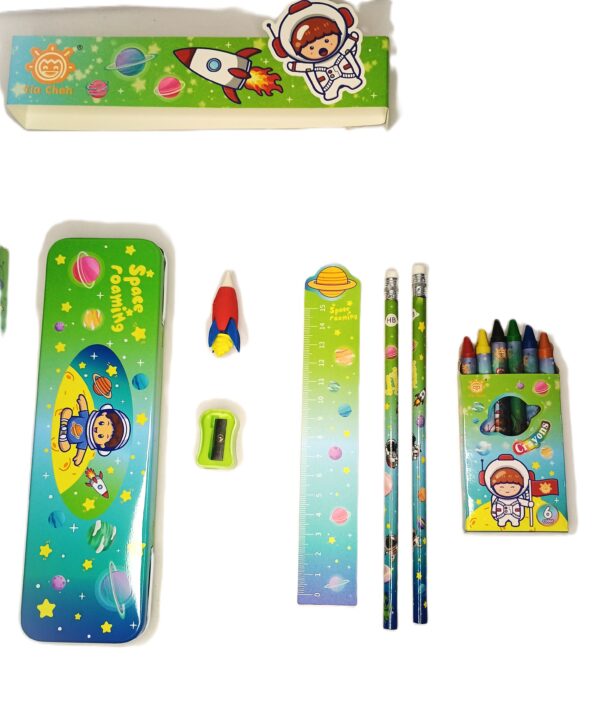 Cottagekart||Space Themed Stationery Set for Kids – Pencil Box, Crayons, Pencils, Scale, Eraser & Sharpener - Image 3