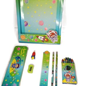 Cottagekart||Space Themed Stationery Set for Kids – Pencil Box, Crayons, Pencils, Scale, Eraser & Sharpener